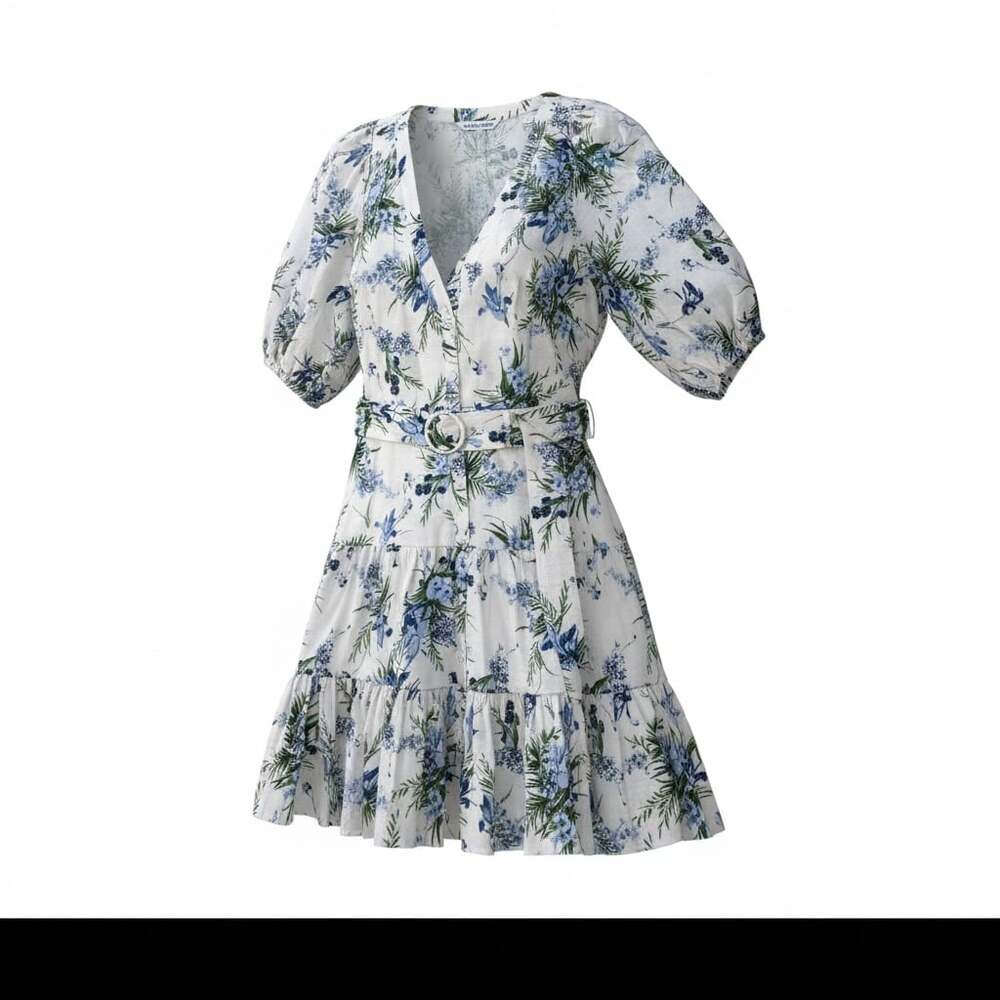 Veronica Beard Dewey Floral Belted Cotton-Gauze Mini Dress in Off-White Multi